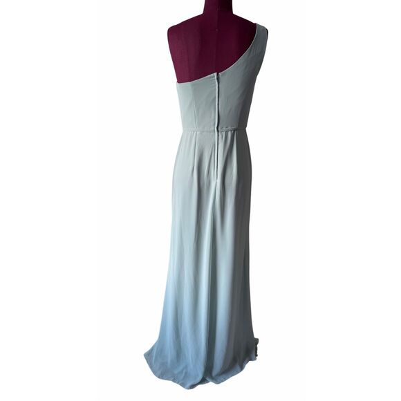 NEW David’s Bridal Chiffon One Shoulder Maxi Dress with Cascade Size 4 Green Dus - Picture 3 of 10